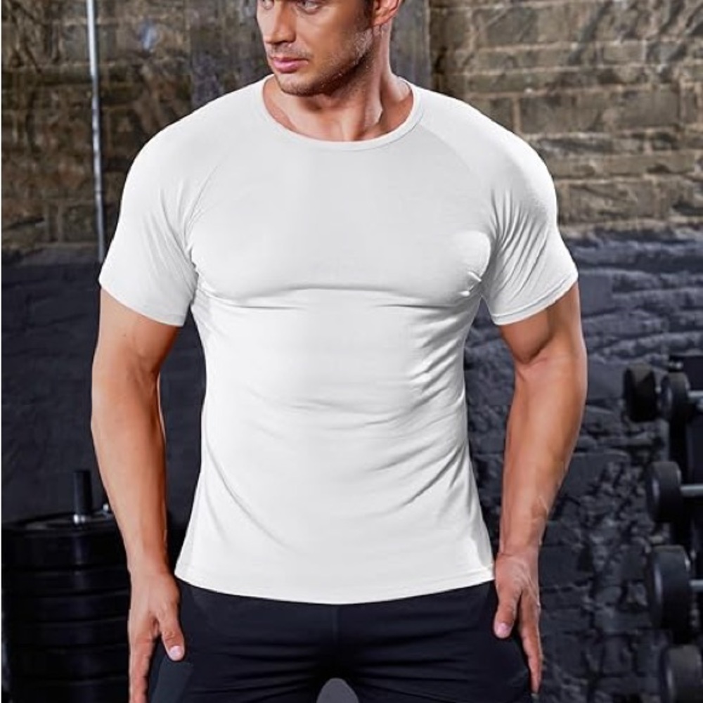 Coofandy White Short Sleeve Men's Tee ~ workout shirt ~ bodybuilder ~ Large